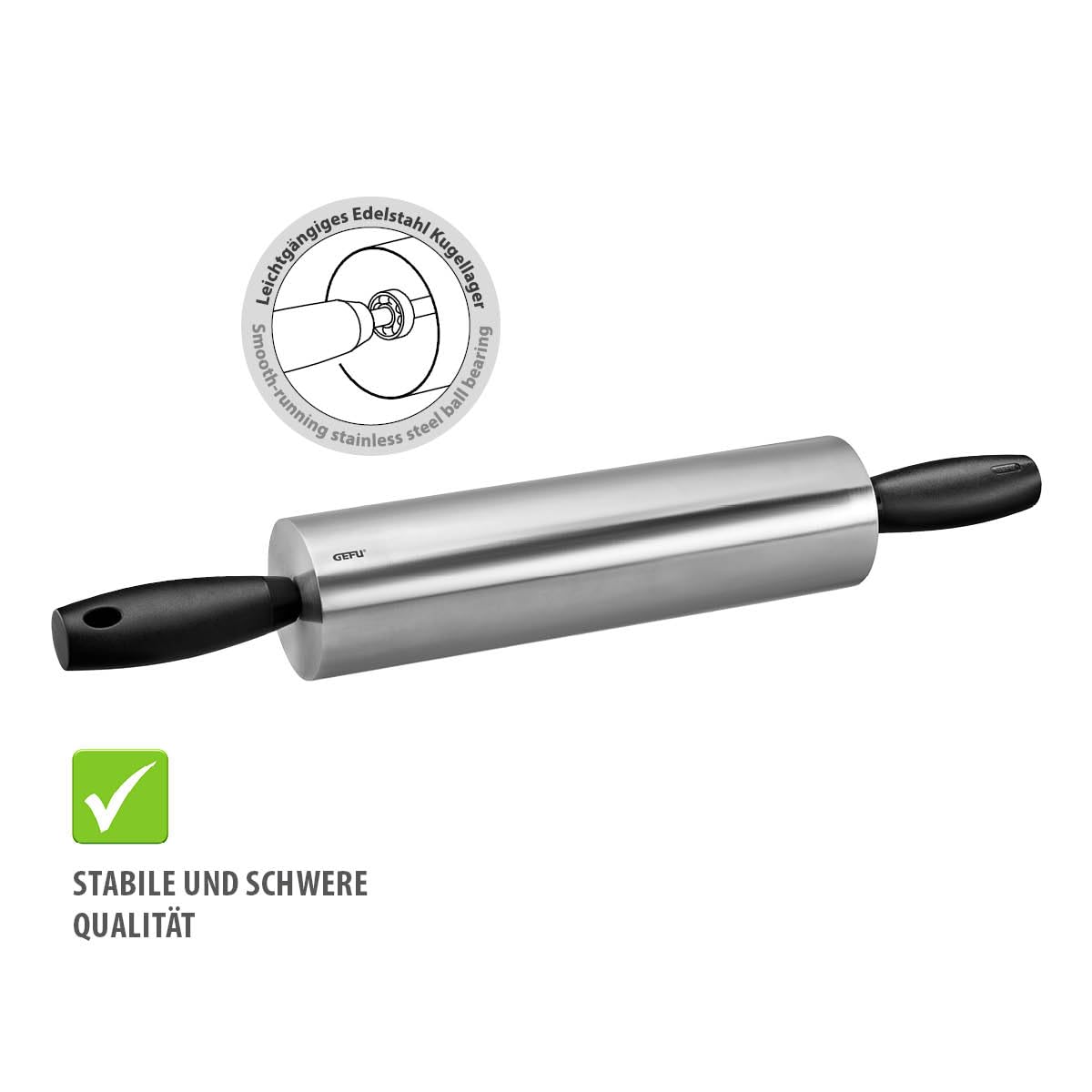 GEFU ROTOLO Teigroller - Edelstahl Nudelholz mit Kugellager - 46 cm | Hygienische Backrolle für Teig, Pizza & Fondant - Ergonomisches Ausrollgerät mit 7 cm Durchmesser - Stabil & Robust