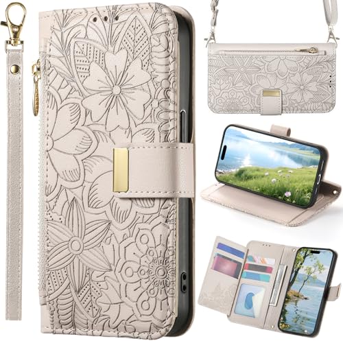 BAILI Funda Flor para OPPO A96 4G, Carcasa magnética con Correa Cruzada, Bolso de Mano con Bolsillo y Cremallera para OPPO A96 4G-Gris