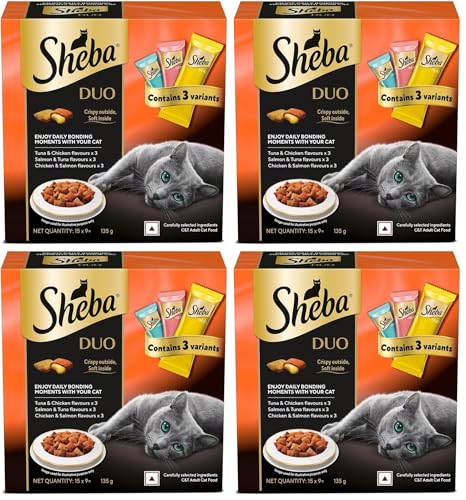 Image of Sheba Duo Adult Crunchy Cat Treats, 135 g, Crispy Outside Soft Inside, Contains 3 Variants, Tuna & Chicken, Salmon & Tuna, Chicken & Salmon (Pack of 4)