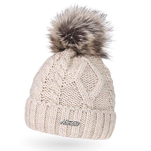 Neverless gefütterte Damen Strickmütze mit Fell-Bommel und Fleece-Futter, Kunstfell, Winter-Mütze, Bommelmütze, hell-beige Unisize Cover