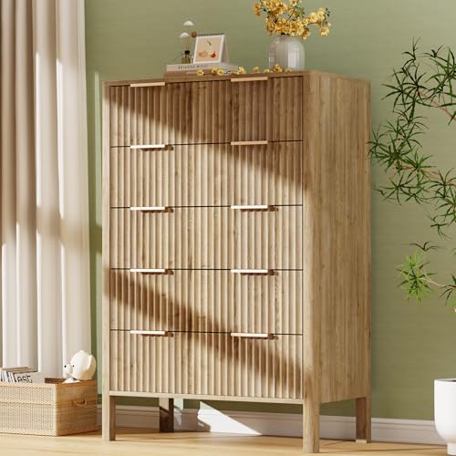 Image of 47 inch Tall Dressers for Bedroom Fluted 5 Drawer Dresser, Wooden Dresser Modern Chest of Drawers Dressers with Organizer Storage for Bedroom, Living Room, Entryway, Oak