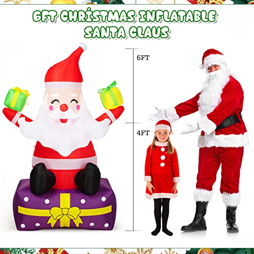 6Ft Inflatable Santa Claus Xmas Santa Claus with Gift Boxes Blow Up Yard Decor Christmas Outdoor Decorations, Built-in LED Lights with Tethers, Stakes for The Yard, Lawn, Garden