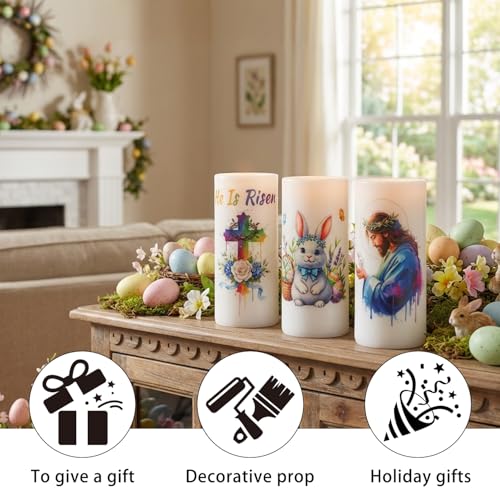 Image of 3PCS Nativity Easter Flameless Candles with Remote | Christian Cross Bunny LED Candles for Spring Easter Home Decor Hoster Gift