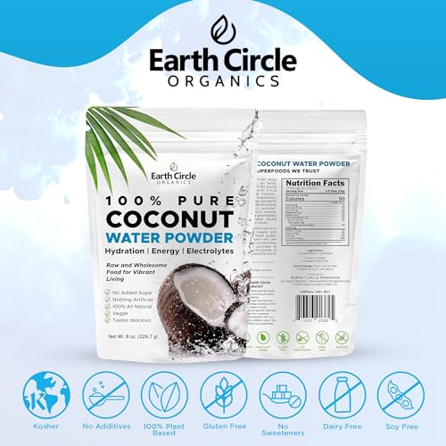 Image of Earth Circle Organics Pure Coconut Water Powder | Coconut Electrolyte Powder for Energy and Hydration Supplement | No Additives | Unsweetened | Vegan | Keto | Gluten Free - 8oz (Pack of 3)