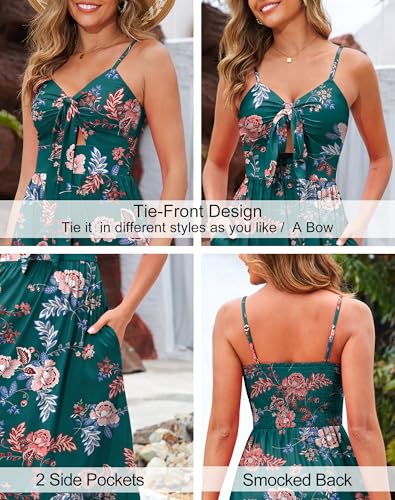 Image of Kranda Women 2026 Summer Sundress High Waist Tie Front Spaghetti Strap Long Beach Floral Tiered Maxi Dress with Pockets