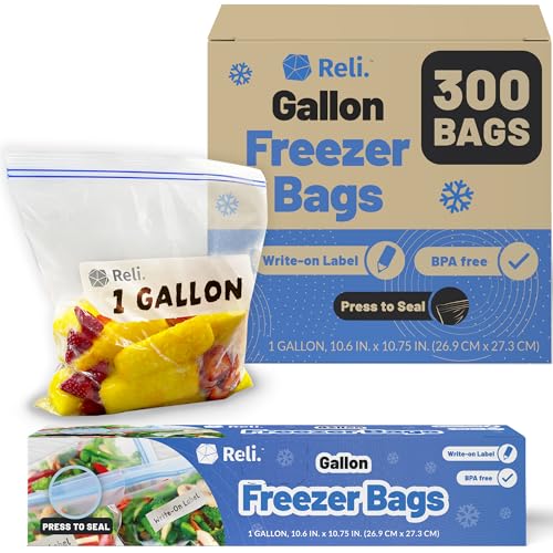 Image of Reli. Gallon Freezer Bags (300 Count) 10.6x10.75 inch Freezer Bags 1 Gallon | Double Zipper Gallon Size Freezer Bags, Press to Seal | Write on Label | 1 Gal Food Storage Bags/Freezer Gallon Bags