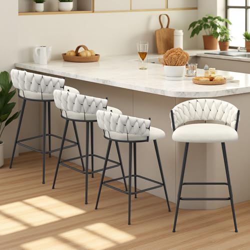 Set de 4 Butacos de 26 Pulgadas de Altura para Barra con Respaldo Tapizado en Terciopelo y Patas de Metal para Isla de Cocina miniatura 1
