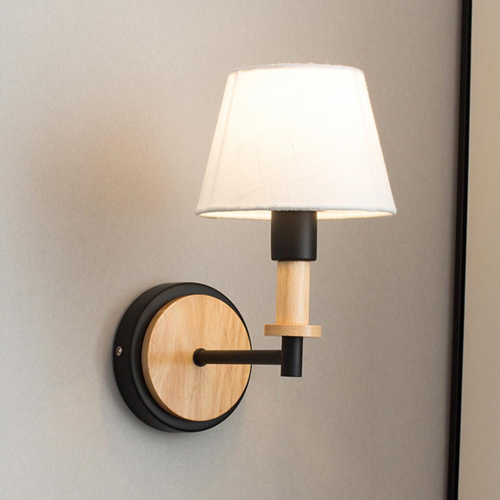 Lámpara de Pared nórdica de Madera, Aplique de Interior de Mediados de Siglo con Pantalla de Tela de Lino, lámpara de Lectura de mesita de Noche cilíndrica E14, luminaria decorativ