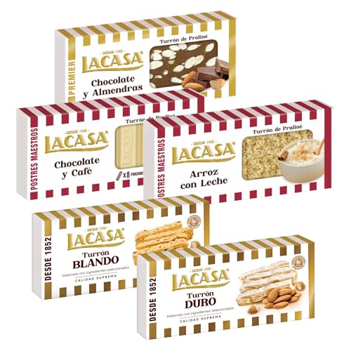 Surtido Turrones Lacasa: 5 tabletas de turrón variadas: Blando, Duro, Chocolate y almendras, Arroz con leche y Chocolate y café