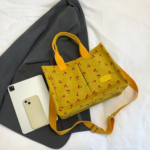 Image of Cherry Tote Bag for Women Canvas Patched Purse Cute Shoulder Bag Multi-Pocket Satchel Handbag for work travel