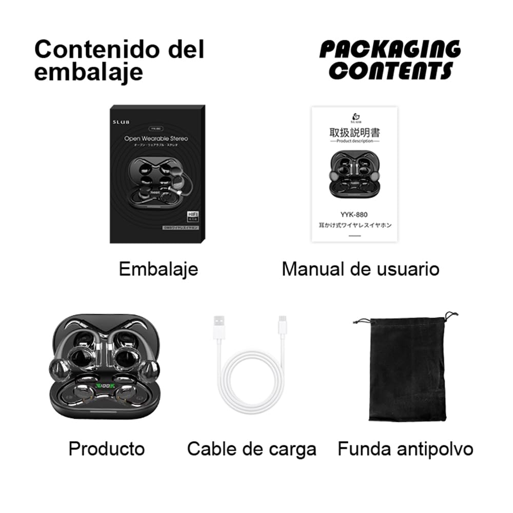 Auriculares Inalámbricos Bluetooth 5.3 con Ganchos, OWS de Conducción de Aire, Cancelación ENC, Resistentes al Agua, USB-C, Compatibles con iOS/Android/Windows y más.(Negro)