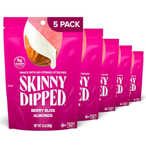 Image of SkinnyDipped Berry Bliss Yogurt Covered Almonds, Healthy Snack, Plant Protein, Gluten Free, 3.5oz Resealable Bag, Pack of 5