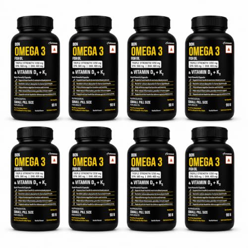 Image of Fish Oil 1250mg with Vitamin D3 & K2, 90 Softgels (Pack of 8) | 3X Triple Strength 560mg EPA & 400mg DHA | Supports Heart, Bone Health, Brain & Immunity | Easy to Swallow Small Pills | Non-GMO, Burpless Anti-Reflux, No Heavy Metals