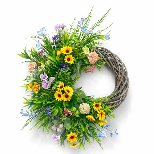 Wildflower Spring Wreath for Front Door, Asymmetrical Artificial Floral Wreath with...