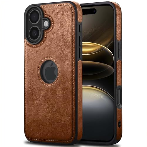 Image of Leather Case for Apple iPhone 16 Plus Premium Protective Stylish Slim Cover with Shockproof Raised Edges Brown