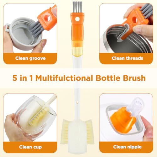 Image of OUTXE 6 Pack Bottle Brush Set, 5-in-1 Water Bottle Cleaner Brush, 14 inch Long Handle Bottle Cleaning Brush, 3 Straw Brush, Removable Nipple Detail Brush for Cup Lid Gap, with Replecement Sponge