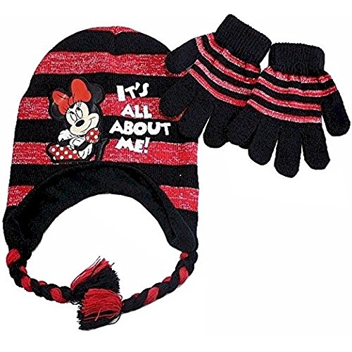 Disney Minnie Mouse Girl's Black/Red Striped Beanie & Gloves Set Sz. 4-72