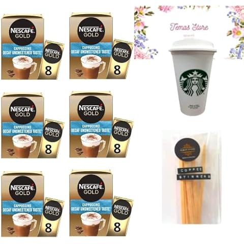 Nescafe Gold Cappuccino Decaf Unsweetened Taste Bundle With Reusable Coffee Cup & Coffee Stirrer Sticks |Instant Coffee|Individually Wrapped Coffee Sachets | Compatible With Lovers Of Nescafe Gold Cover