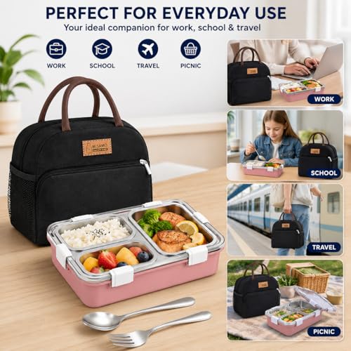Image of Misamo Enterprise Lunch Box with Insulated Lunch Bag Combo, 3 Compartment Stainless Steel Lunch Box with Spoon & Fork, Leak Proof Food Container for School, Office & Travel (Black Bag+Pink Lunch Box)