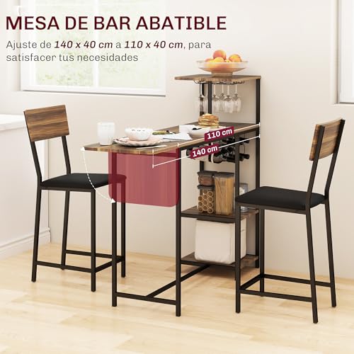 HOMCOM Juego de Mesa y Taburetes de Bar Mesa Alta de Cocina con 2 Taburetes Laterales Abatibles Soporte para Vinos y Estantes Estilo Industrial Marrón y Negro - imagen 3