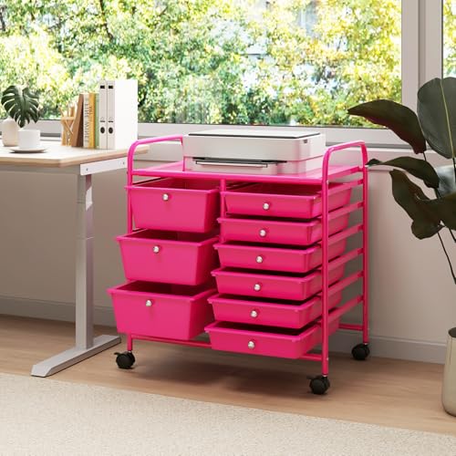 Image of LDAILY 9 Drawer Rolling Storage Cart, Rolling Cart with Drawers for Classroom, Art Supply Craft Organizer on Wheel with Metal Frame & Handles for Home Office School