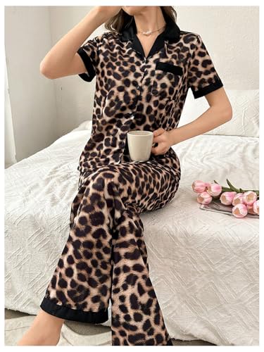 Women's 2 Piece Leopard Pajama Sets Button Down Shirts and Pants Set Cheetah Pj Set Loungewear4
