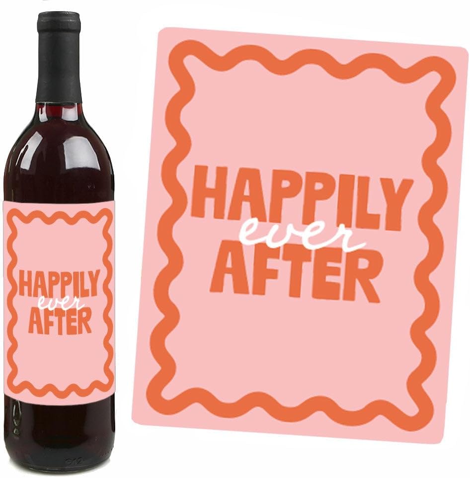 Big Dot of Happiness Pink and Orange Wavy Engagement Party Wine Labels for Bottles, Retro Wedding Gift Decorations for Women and Men, Just Engaged Wine Bottle Label Stickers - Set of 4 image 5