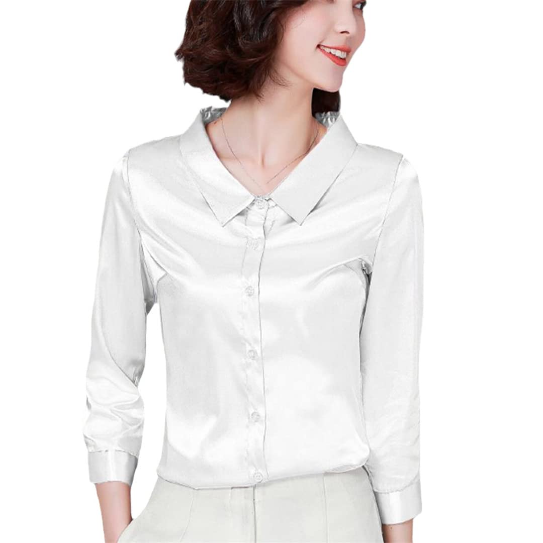 Camisa con Botones para Mujer, Manga Corta, Cuello en V, Blusa de Negocios para el Camisas de Seda Satinada 06 L
