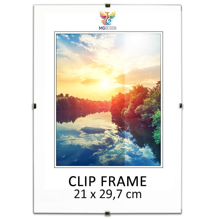 MG Design Cadre à clips A4 21 x 30 cm – cadre sans bordure en plexiglas pour photos, posters et puzzles – suspension verticale ou horizontale
