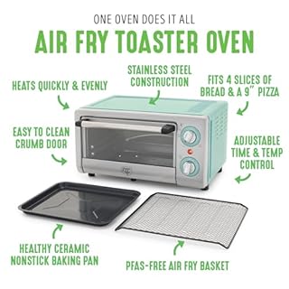GreenLife Countertop Toaster Oven Air Fryer Stainless Steel, Healthy Ceramic Nonstick, PFAS Free, Tray & Basket, Bake, Broil, Reheat, Adjustable Temp & Time Control, Auto Shutoff, Turquoise