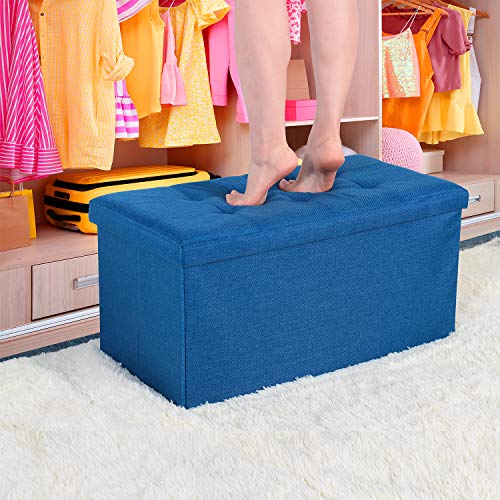 WoneNice Linen Folding Storage Ottoman Bench, Storage Chest Footrest Padded Seat, 30 x 15 x 15 Inches (Linen Navy) - Thumbnail 3