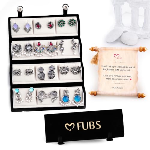 Image of FUBS Oxidized Designer Stud Earrings Set of 12 with Folding Jewelry Box | Traditional & Modern Earring Set for Women & Girls