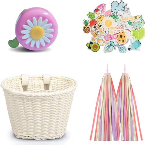 Kids Bicycle Basket Colored Tassels Wicker Front Handlebar Bike Basket Handlebar with Streamers Bell and Stickers Bicycle Decoration for Girls and Boys (White)