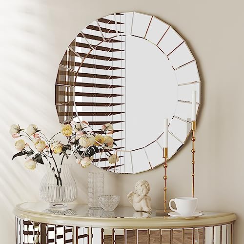 Artloge Round Decorative Mirror Wall: 32 Inch Large Silver Vanity With Sunburst Glass Edge And Back Frame For Home Art Modern Accent Decor Bathroom Bedroom Living Room #TOP25