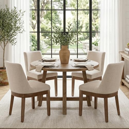 Image of HNY Beige Linen Fabric Dining Chairs Set of 2 with Comfortable Back Support | Modern Soft Upholstered Dining Room Chairs with Sturdy Solid Wood Frame, Farmhouse Kitchen Chair for Living Room, Apartment