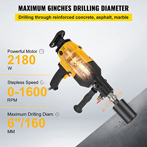 Happybuy Diamond Core Drill, 2180W 6"/160 Mm, 1600Rpm Variable Speed Core Drill Rig With Portable Case, Handheld Drilling Machine For Hard Stone, Concrete, Marble, Granite, Brick #TOP2