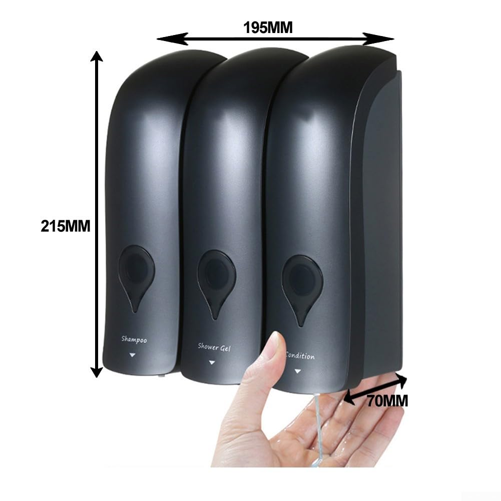 Dispenser di sapone da parete per bagno, progettato per funzionare con flaconi ricaricabili di shampoo o gel doccia (3 x 300 ml, grigio)