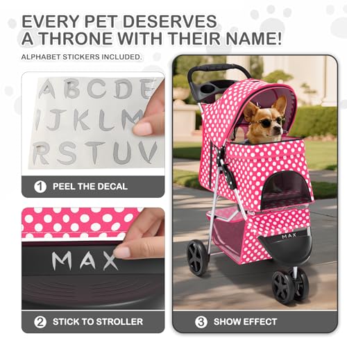 Image of MoNiBloom 3 Wheels Pet Dog Cat Stroller for Small Medium Dogs Cats, Foldable Jogger Stroller w /Storage Basket and Cup Holder, Hot Pink Polka Dots