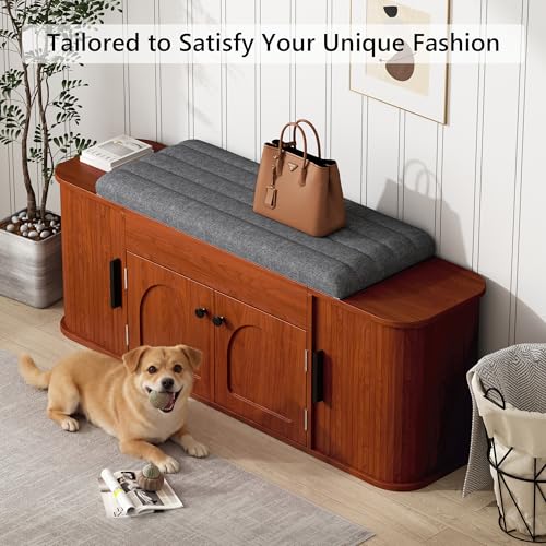 Image of Einhomn 47.2'' Sliding Door Entryway Shoe Storage Bench with Seat Cushion, Shoe Rack with Lift-Top Hidden Storage & Adjustable Shelf, Bench for Bedroom End of Bed, Walnut