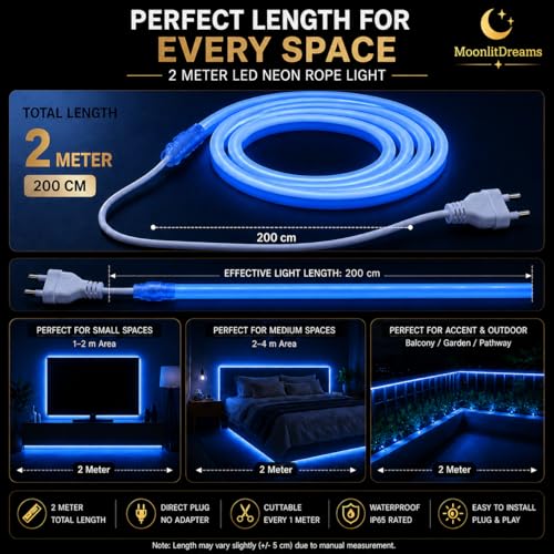 Image of MoonlitDreams 2M Neon LED Strip Light 240 LEDs (120 LED /M) - 10mm Thick, 2X Bright Glow, Direct Plug 220V No Adapter, Waterproof Flexible Rope Light for Home, Bedroom, Room Decor, DIY & Party (Blue)