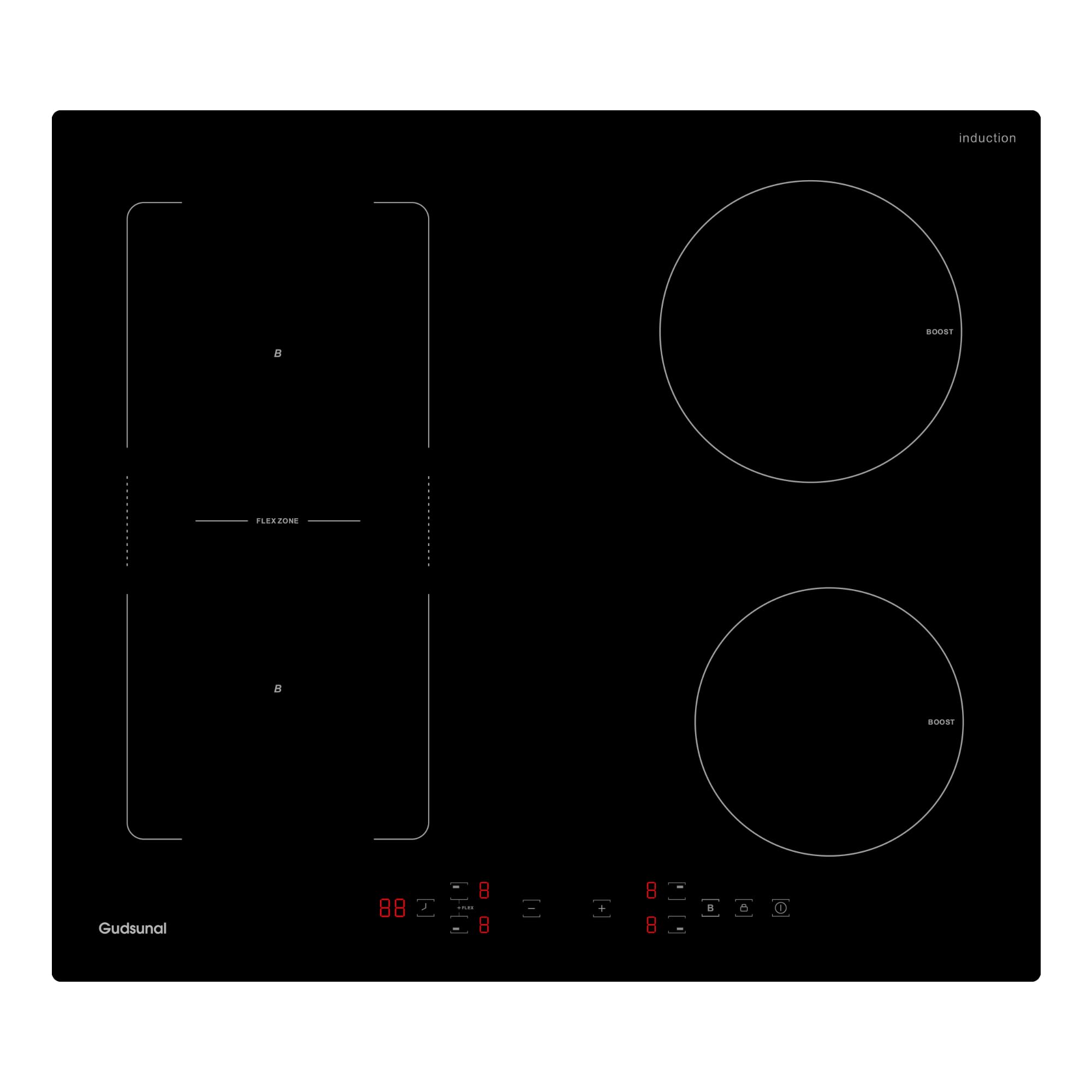 Induktionskochfeld mit Flexzonen, 60 cm, 7200W, kontinuierliche Niedrigleistungsheizung, Boost, 9 Heizstufen, Timer, automatische Abschaltung