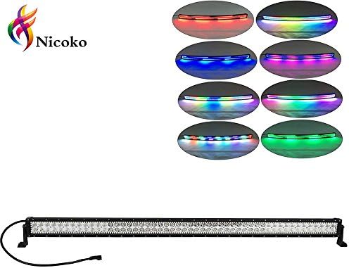 Nicoko 52 Inch 300w Straight Led Light Bar with Chasing RGB halo ring for 10 Solid Color Changing with Strobe Flashing Spot Flood Combo Beam IP67 waterproof Free wiring harness for Off road Truck