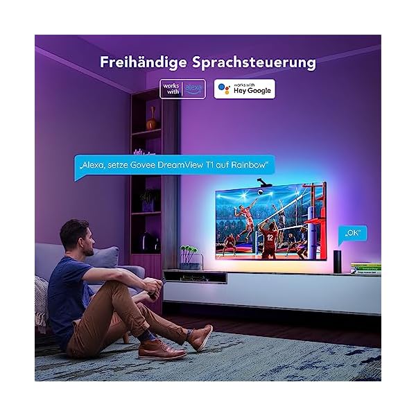 Govee TV LED Hintergrundbeleuchtung, DreamView T1 WiFi TV Hintergrundbeleuchtung mit Kamera für 55-65 Zoll TV und PC, RGBIC LED Strip Kompatibel mit Alexa und Google Assistant, App-Steuerung – Bild 6
