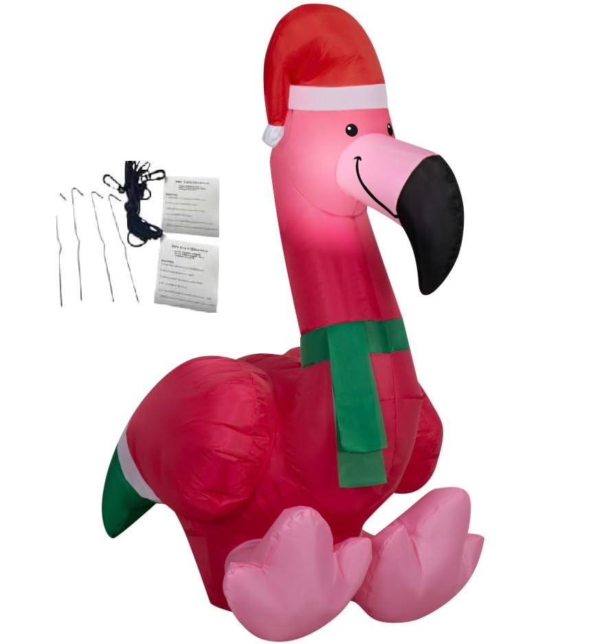 Christmas Flamingo 42' Inflatable With Santa Hat – Led Lighted Indoor/Outdoor Holiday Decoration 2025 – Cute Pink Flamingo Blow-Up Yard Display – Includes Bonus Repair Patch