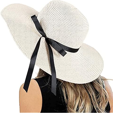 Womens Floppy Summer Sun Beach Straw Hat, Foldable Wide Brim Hats with Bowknot UPF50, White, 6 3/4/ 6 7/8 Cover