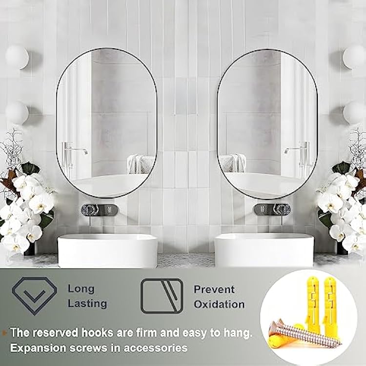2 Piece Oval Bathroom Mirror Capsule Wall Vanity Mirror, 20x30 Pill Mirrors Wall Mounted Mirror, Large Modern Mirror with Black Metal Frame, Decor for Entryway, Bedroom, Living Room