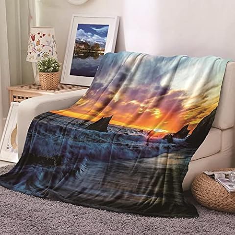 Warm Blankets for Winter, Fluffy Blanket Light Blue Flannel Sea for Camping, Home Bed Sleeping Blanket 52''X60'' Cover