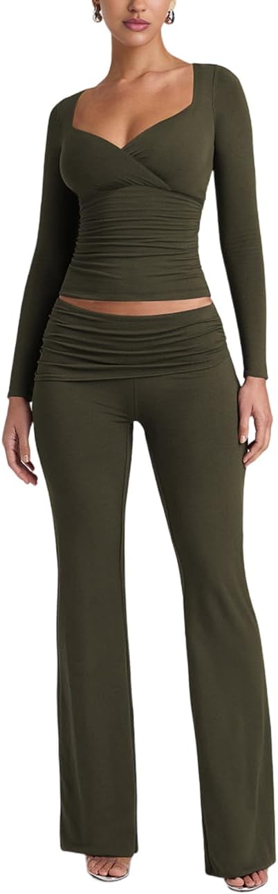 Lrady Womens 2 Piece Outfits Lounge Sets Lightweight Long Sleeve Crop Tops Fold Over Flare Pants Tracksuits