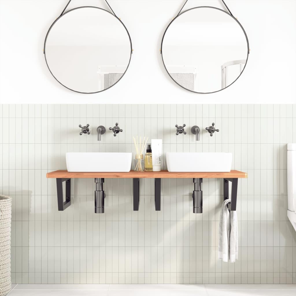 Mensola per lavabo a parete, 115 x 55 cm, in legno massello di faggio e acciaio, colore nero, design moderno, robusta e durevole, salvaspazio, per bagno, ospiti, WC