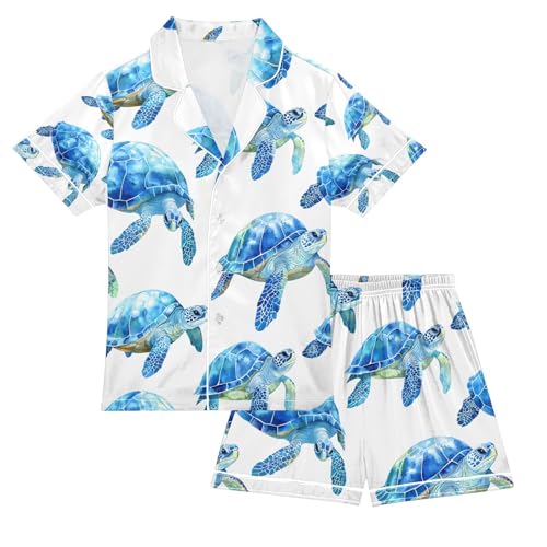 senya Big Turtle Blue P Satin Summer Pajama Sets Silk Short Sleeve Button Down Sleepwear
